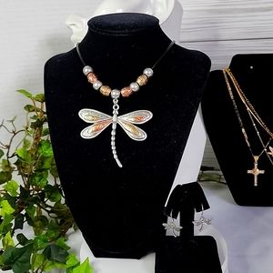 Silver Dragonfly Pendant Black Leather Cord Necklace Earrings Set New